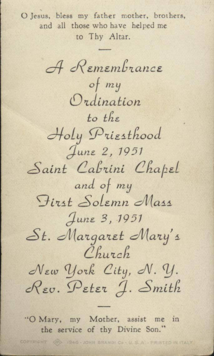 Ordination of Peter Smith, first Cabrini miracle