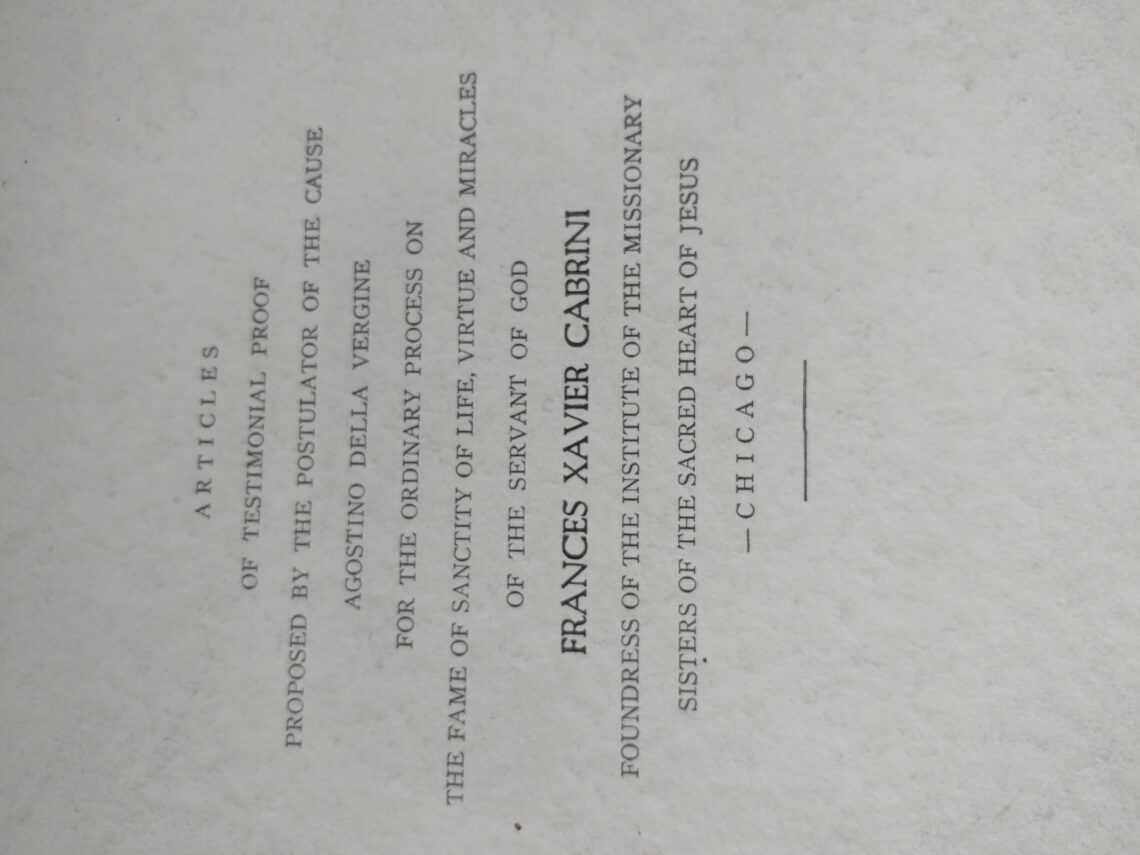 Articles of testimonial proof for opening the cause of Frances Xavier Cabrini