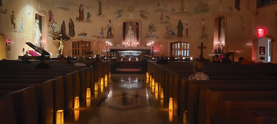 photo of St. Frances Cabrini Shrine by candlelight