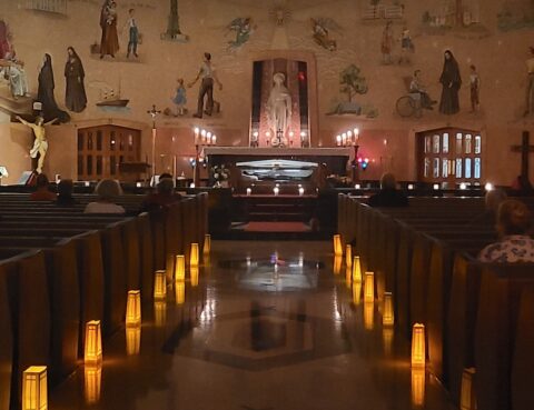 photo of St. Frances Cabrini Shrine by candlelight