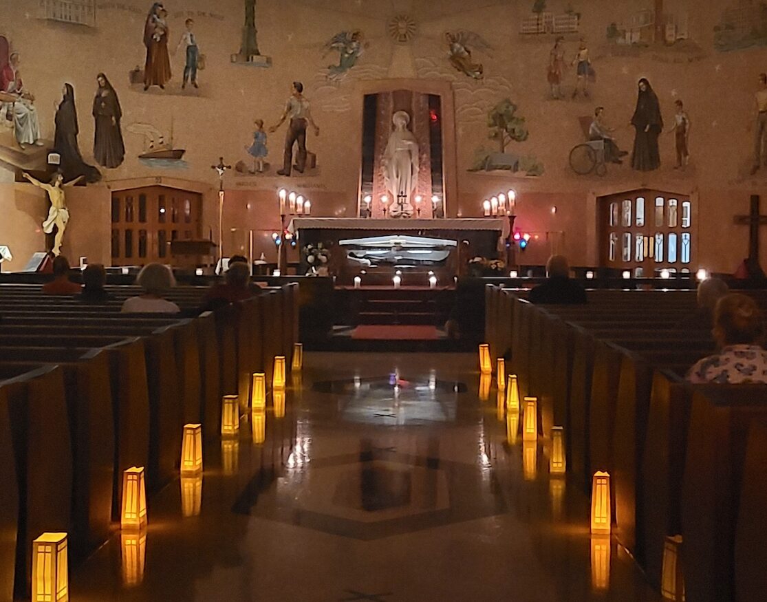 photo of St. Frances Cabrini Shrine by candlelight