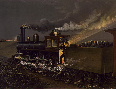 a painting of a train at night