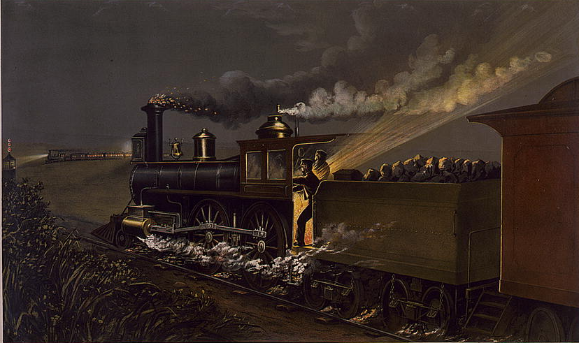 a painting of a train at night