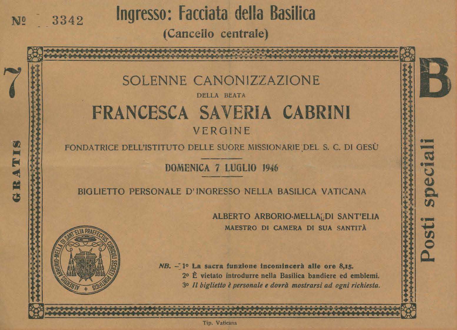 Admission ticket to Mother Cabrini's canonization ceremony