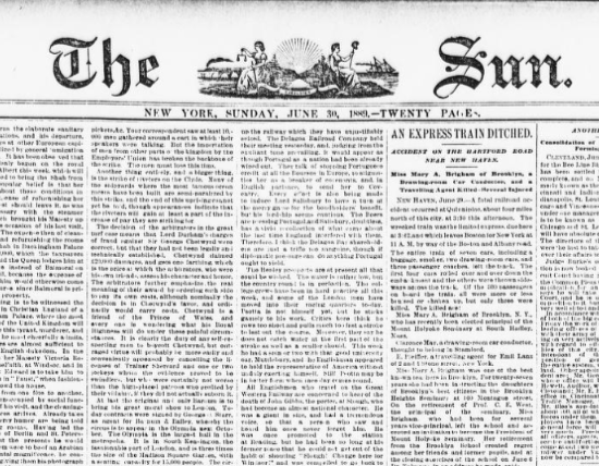 newspaper article about Mother Cabrini from 1889