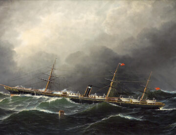 painting of a boat at sea in a storm